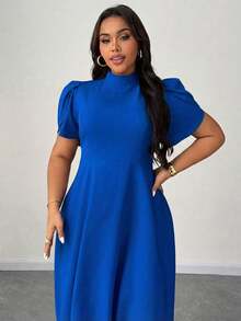 Elenzga 大码女式短袖连衣裙，休闲简约日常穿搭收腰A字长裙，优雅高领紫色连衣裙，女士假日装扮，度假连衣裙 - 藍色 - 查看 4