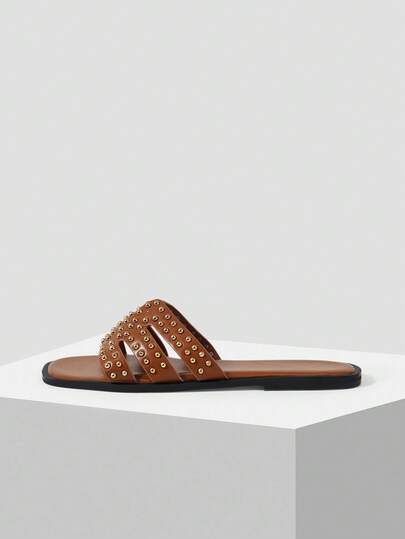 Mnmlis Damen Nieten-Einlegearbeit Casual Mode Pendler- und Urlaubsstil offene Zehen Mode Flach Boden Kühle Pantoffeln