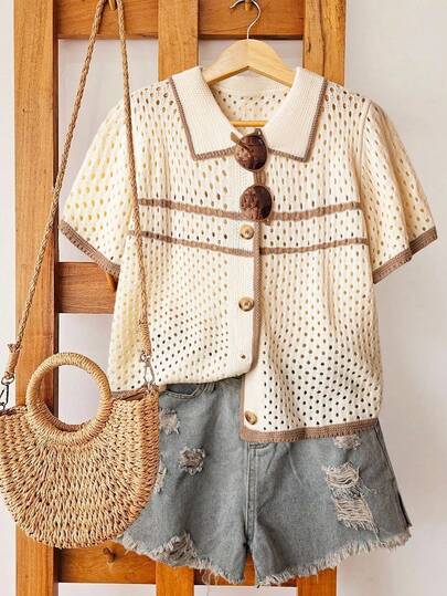 SHEIN LUNE كارديجان نسائي كاجوال خفيف الوزن، أكمام قصيرة، مفتوح من الأمام، محبوك بألوان متباينة وخطوط، مناسب للربيع والصيف، مقاسات كبيرة