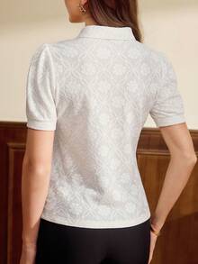 Vintamour 复古经典优雅女士T恤，春夏修身Polo领提花针织T恤，杏色短袖T恤 - 杏色 - 查看 2