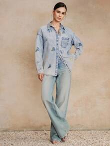 Anewsta 新款时尚重工刺绣海鲜图案蓝色牛仔衬衫，女士款 - 藍色 - 查看 6