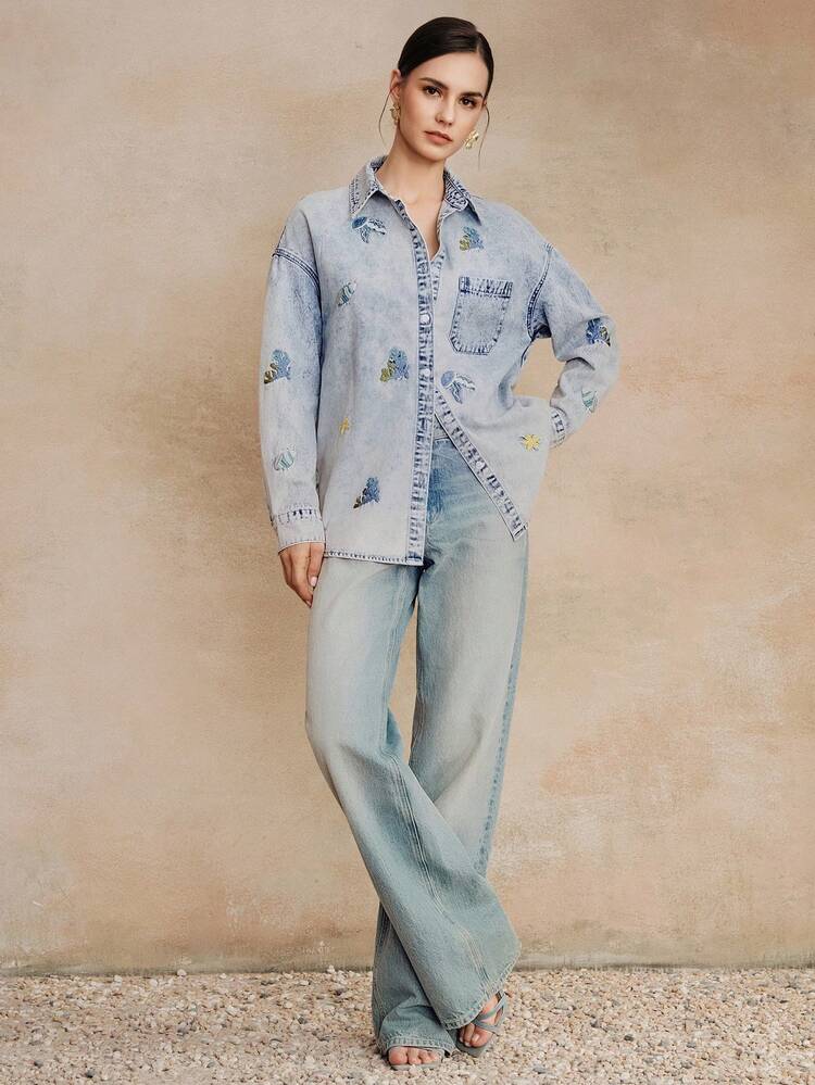 Anewsta 新款时尚重工刺绣海鲜图案蓝色牛仔衬衫，女士款 - 藍色 - 查看 6