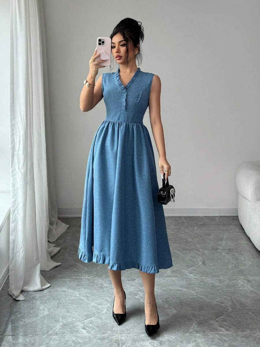 Elenzga Women's Elegant Romantic Sleeveless V-Neck Dress - Medium Wash - View 1