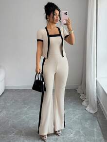 Rafferiza Women's Elegant Pink And Black Summer Tea Party 2-Piece Set,Short Sleeve Cardigan & Fitted Waist Color-Blocked Jumpsuit, Bodycon Flared Pants - Apricot - View 7