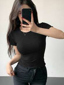 Camiseta de manga larga con hombro asimétrico, volantes y fruncido para mujer - Negro 2 - Ver 6