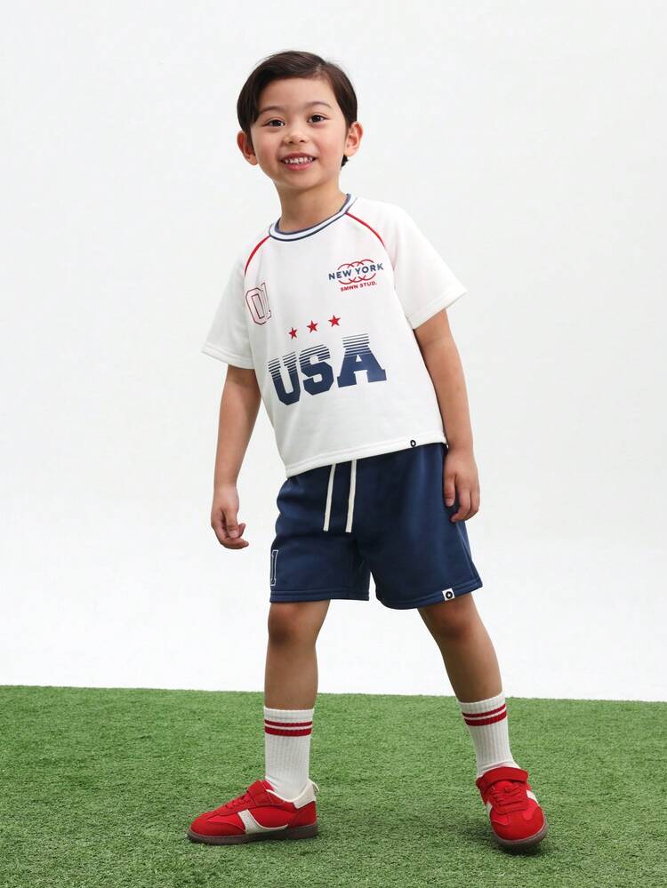 Boys USA Jersey Set Short Sleeve Crew Neck T-Shirt With Navy Regular Fit Shorts Summer Casual Outfit Sports Inspired Print