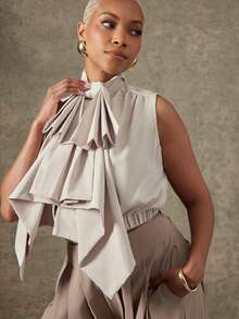 Vixey Bold Bow Detail Balloon Sleeveless Zip Up Woven Top - Apricot - View 3