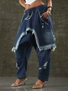 Denimoi Drop Crotch Barrel Jeans Distressed Jeans Layered Denim Jean Fashionable Streetwear Barrel Leg - Dark Wash - View 5