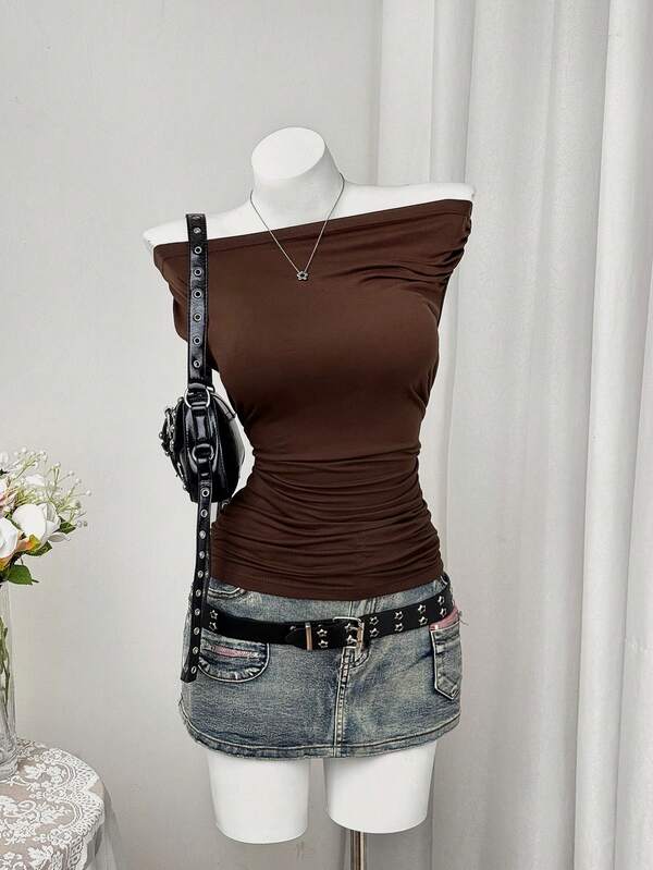 Sunspun T-shirt ample d'été, couleur unie, col asymétrique, taille cintrée