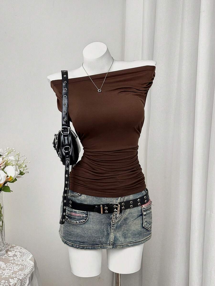 Sunspun Kaos Ukuran Besar Musim Panas Kasual Warna Polos Leher Asimetris Pinggang Terikat - Coklat - View 1