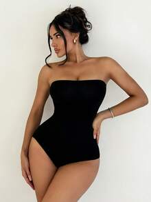 Sirith 無縫緊身無肩帶連身衣 - 黑色 - 查看 4