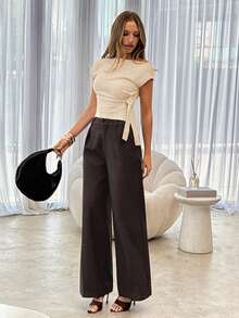 Siren Gaze 春季女士纯色简约短袖T恤，日常穿着短袖露脐上衣 - 杏色 - 查看 4