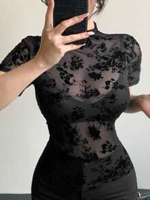 DAZY Women's Sheer Lace Round Neck Fitted Short Sleeve T-Shirt - Black - View 5