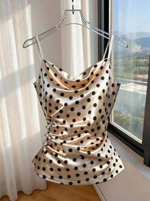 SHEIN Franclia Women's Spring And Summer Polka-Dot Satin Camisole, In Champagne Color And Classic Black Polka-Dot Print, With Swung Collar Design And Pleated Waist, Elegant Women's Top, Suitable For Casual Commuting, Dates, Parties And Casual And Sophisticated Dressing Scenes. Product Features Include: Women's Camisole, Polka Dot Satin Top, Swing Collar Design Suspenders - Apricot - View 6