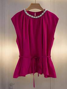 Aveloria Rosie Áo không tay bằng vải satin màu tím hoa cà, cổ tròn, viền ngọc trai, thiết kế thắt eo bằng dây buộc, kiểu dáng hiện đại, thanh lịch, đa năng, phù hợp cho công sở. - Màu tím - Xem 2