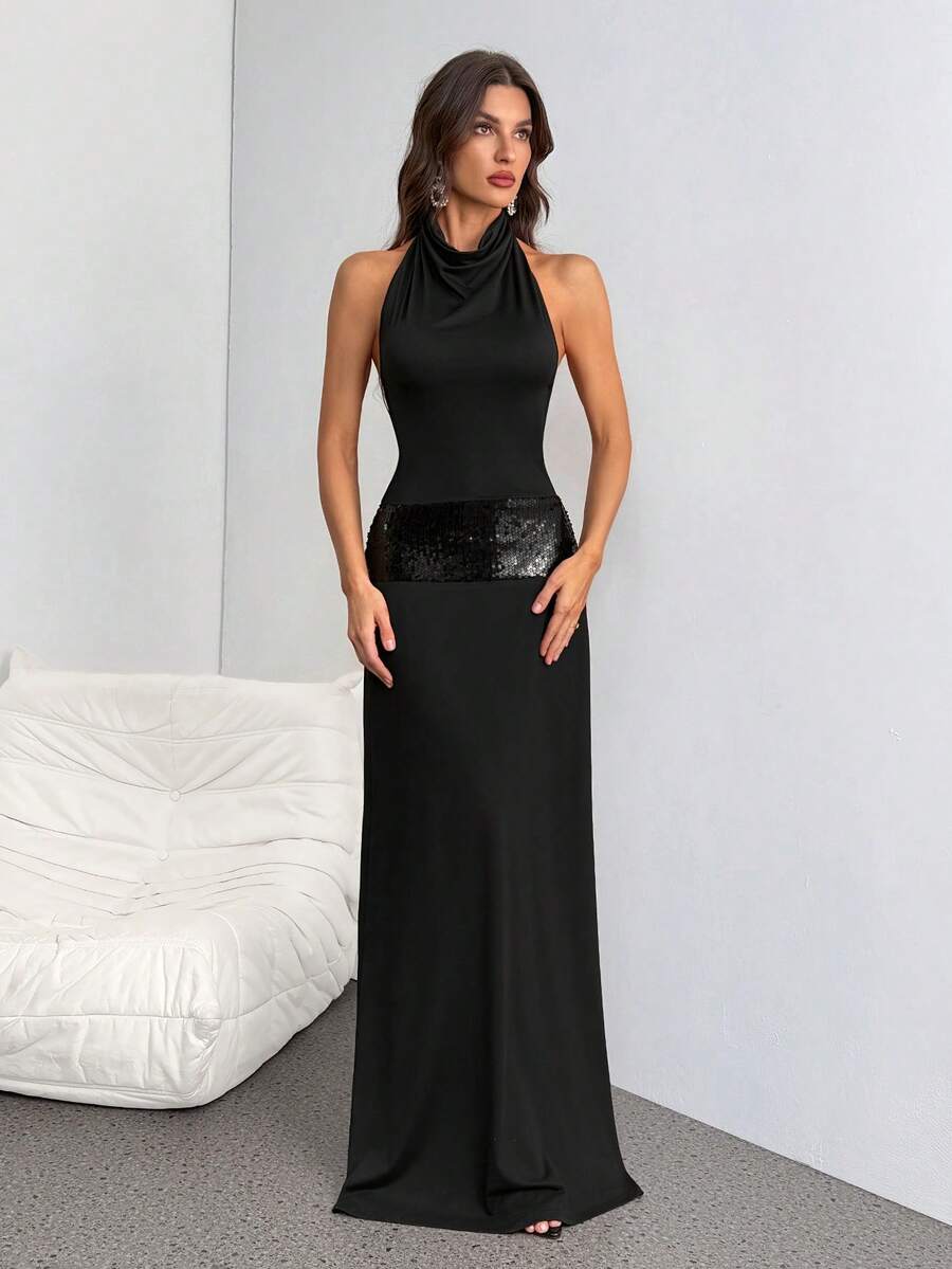 SHEIN Tall Đầm tốt nghiệp nữ, đầm dự tiệc prom, đầm cocktail, đầm gợi cảm ngày lễ, đầm đơn giản và thanh lịch màu đen đính sequin, đầm maxi hở lưng cổ yếm. - màu đen - Xem 1