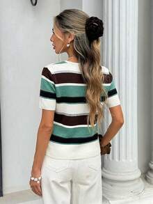 Serisse Women's Casual Colorblock Striped Short Sleeve Thin Cardigan, Spring/SummerAsymmetric - Multicolor - View 2