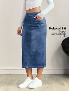 Flexra Women's Elastic Waist Pocket Slit Drawstring Denim Casual Skirt - Dark Wash - View 3