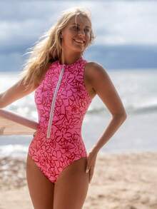 Swim SPRTY Summer Women's One-Piece Swimsuit Random Print Tight Zipper Sexy Beach Halloween Store Celebration One-Piece Swimsuit - Pink - View 4