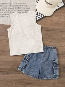 SHEIN Bộ 2 món gồm áo không tay và quần short denim cho bé trai, phong cách đường phố thường ngày, kiểu retro, thích hợp cho mùa hè. - Xám - Xem 4