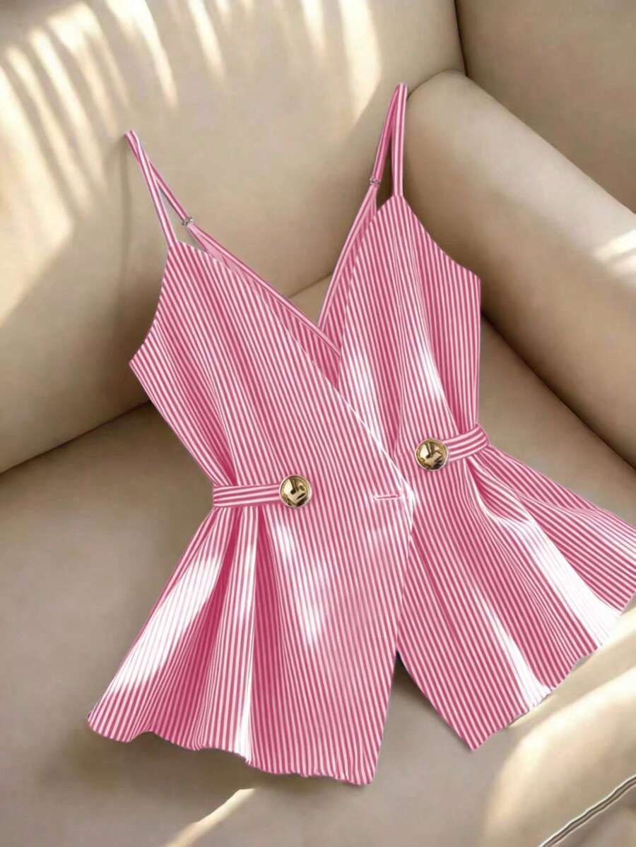 Trelyra Áo camisole nữ kiểu dáng thường ngày kẻ sọc có cúc trang trí - Hồng - Xem 1