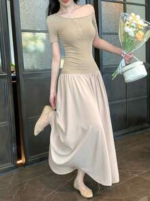 DAZY 女士纽扣前开襟短袖休闲中长连衣裙 - 卡其色 - 查看 6