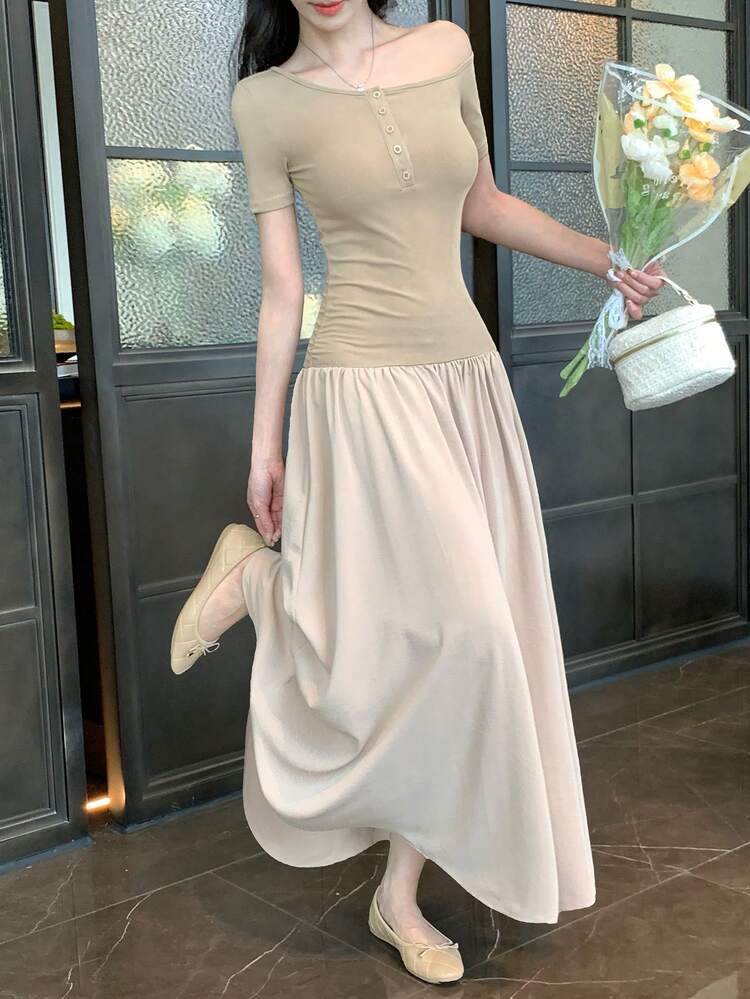 Women's Button Front Short Sleeve Casual Mid-Length Dress Sundress Summer