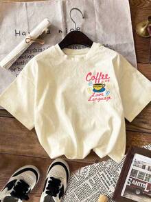 EMERY ROSE Áo thun nữ in hình "Cà phê", cổ tròn, tay ngắn, kiểu dáng đơn giản và dễ phối đồ cho mùa hè. - Màu be - Xem 3