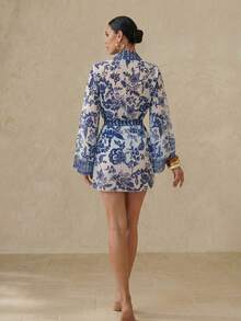 Swim Vcay 波西米亚海滩度假风海洋贝壳印花和服罩衫（女士款） - 藍白色 - 查看 2