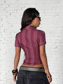 StreetHx Women's V-Neck Striped Short Sleeve Shirt - Burgundy - View 2