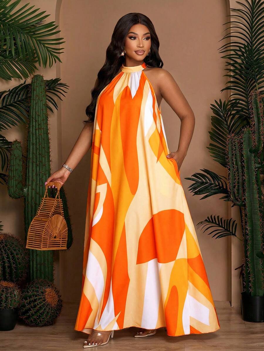 SOLERSUN Vestido holgado y casual con estampado para mujer talla grande, con cuello trasero con cordón, vestido de línea A para primavera y verano, vestido largo para vacaciones en la playa (con bolsillos laterales) - Naranja Quemada - Ver 1