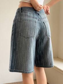 Livesso Women's Shiny Rhinestone Vintage Washed Loose Casual Street Music Festival Textured Striped Denim Shorts, Suitable For Summer And Spring Jorts - Medium Wash - View 4