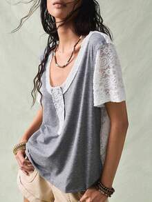 SoleilVie 女士蕾丝休闲百搭日常短袖T恤 - 灰色 - 查看 4