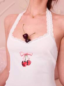 SweetSlumber Sweet Ins Style Cherry Print Lace Panel Halter Neck Ladies Sleepwear Top - White - View 7