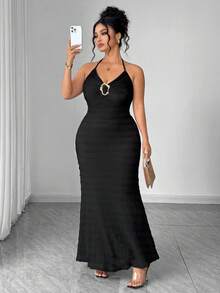Elenzga Robe mi-longue élégante sans manches à col ras-du-cou avec ceinture à la taille, décoration métallique, tissu texturé, pour femmes grandes tailles, printemps/été - Noir - Voir 4