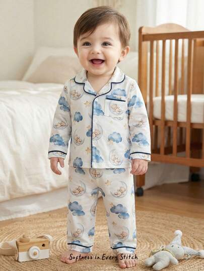 Cozy Pixies 2pcs Baby Boy Cartoon Animal Print Soft Knit Cardigan Jacket And Elastic Waist Pants Set Toddler Sleep Wear Pajama Baby Set Boy Pajamas Set Baby Pj Set