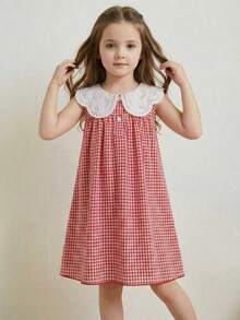 Đầm công chúa không tay cổ ren màu đỏ trắng kẻ caro năng động mới dành cho bé gái, thích hợp cho tiệc sinh nhật và mùa hè. - Đỏ - Xem 3