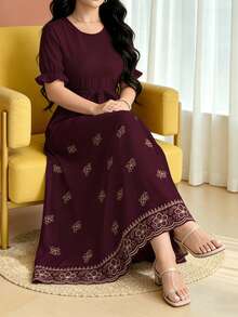 Modelyn Peach Blossom Striped Retro Print Dress, Women's Fashion Round Neck Short Puff Sleeve Design With Belt Cinched Waist Dress, Elegant Summer Dress - Multicolor - View 3