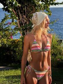 Swim Mod 2026 Spring/Summer Women's Black Background White Polka Dot Random Print Sweet Cute Side Tie Halter Bikini Two Pieces Swimsuit - Multicolor - View 1