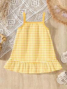春夏女童休闲时尚创意个性清新可爱卡哇伊黄白格子蜜蜂图案印花无袖荷叶边连衣裙，舒适日常穿着 - 彩色 - 查看 2