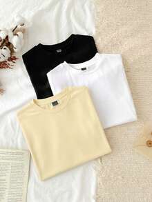 Conjunto de 3 camisetas ajustadas de manga larga con cuello redondo, 95% algodón, de estilo minimalista casual, con diseño bordado de caballo - Multicolor 2 - Ver 4