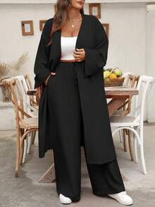 EMERY ROSE Conjunto casual de vacaciones de dos piezas: camisa larga tipo cardigan de talla grande y pantalones rectos - Negro - Ver 5