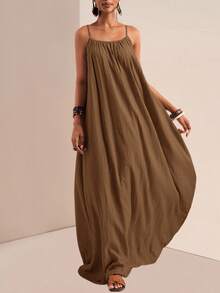 Zivah 夏季新音乐节复活节圣帕特里克节西部波西米亚风生日毕业学生日常休闲度假邮轮海滩日光浴爆款无袖可调节肩带竖纹宽松卡其色女装 - 鏽棕色 - 查看 5