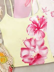 休闲度假热带花卉图案，包括芙蓉花、鸡蛋花、海星和珍珠贝壳，沙滩主题，少女修身休闲运动吊带三件套，白色、浅粉色、米色可选，适合春夏日常穿着、叠穿、外出和度假。 - 彩色 - 查看 5