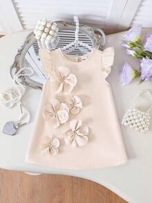 SHEIN Vestido elegante de color púrpura para niñas pequeñas para el verano, con decoración floral 3D y mangas con volantes, ligero y adecuado para uso casual, vacaciones y uso diario - Albaricoque - Ver 5
