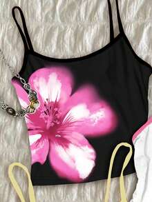 3件套少女休闲度假风奶油黄热带芙蓉花、蓝色芙蓉花、蓝色海星和贝壳沙滩印花吊带背心，适合夏季度假，舒适春夏款式 - 彩色 - 查看 5