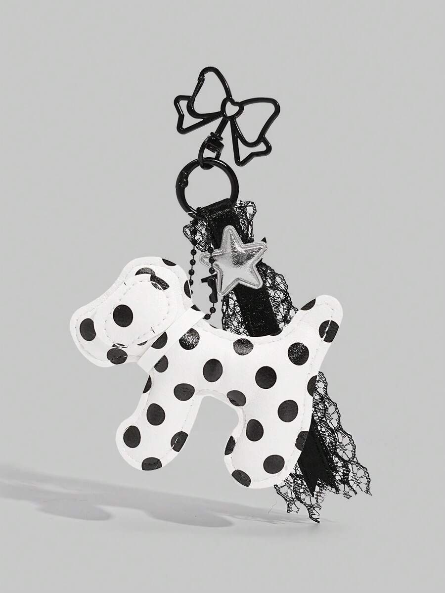 ROMWE 1个可爱黑白斑点狗皮革包挂饰，卡通星星钥匙扣，完美的生日和节日礼物，适合女性日常穿搭 - 多色A - 查看 1