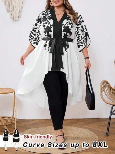 SHEIN CURVE+ Blusa de talla grande para mujer con estampado de plantas, manga corta, cintura con lazo y bajo asimétrico para vacaciones