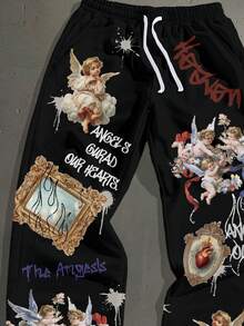 StoneGrade 文艺复兴天使火焰印花宽松直筒牛仔裤，时尚休闲男士裤装，适合约会、派对以及送给男友的礼物 - 黑色 - 查看 3