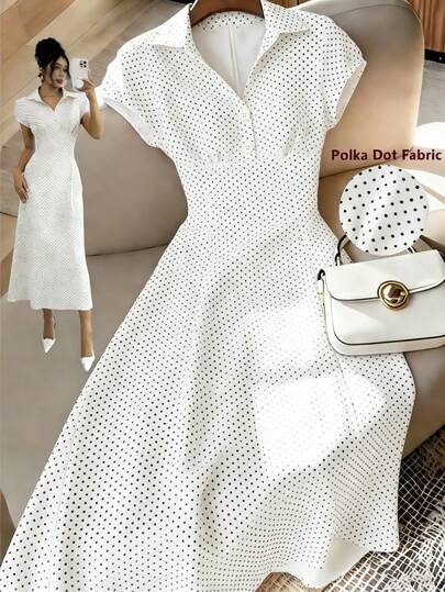 Uhlyne Uhlyne Women's Vintage V-Neck Polka Dot Waist A-Line Dress, Flattering Fit Short Sleeve Dress For Spring/Summer, Suitable For Commute, Date, Party, Thanksgiving, Graduation, Wedding, New Year Party, Elegant, Fashionable, Versatile, Office Wear Classic Dresses For Women Collar Dress Women Collared Dress Polka Dot Dress French Style Dress White Vintage Dress Polka Dot Summer Dress White Dress White Polka Dot Dress Petite White Dress Work Outfits Women Women's Work Clothes For The Office